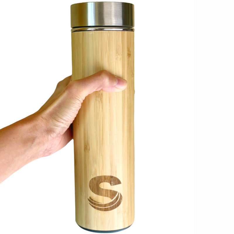 Bamboo shell insulate bottle with mesh infuser